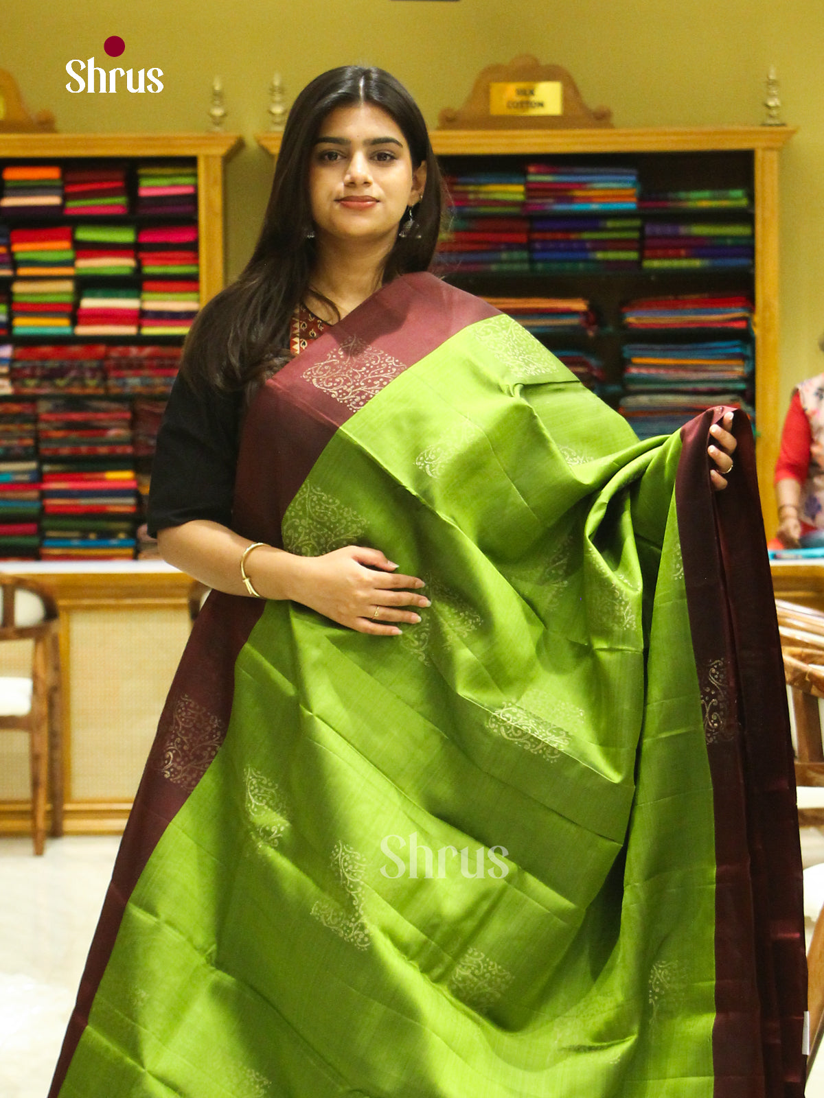 Light Green Halfpure Soft Silk Saree with Square Buttas | Dark Brown Contrast Border