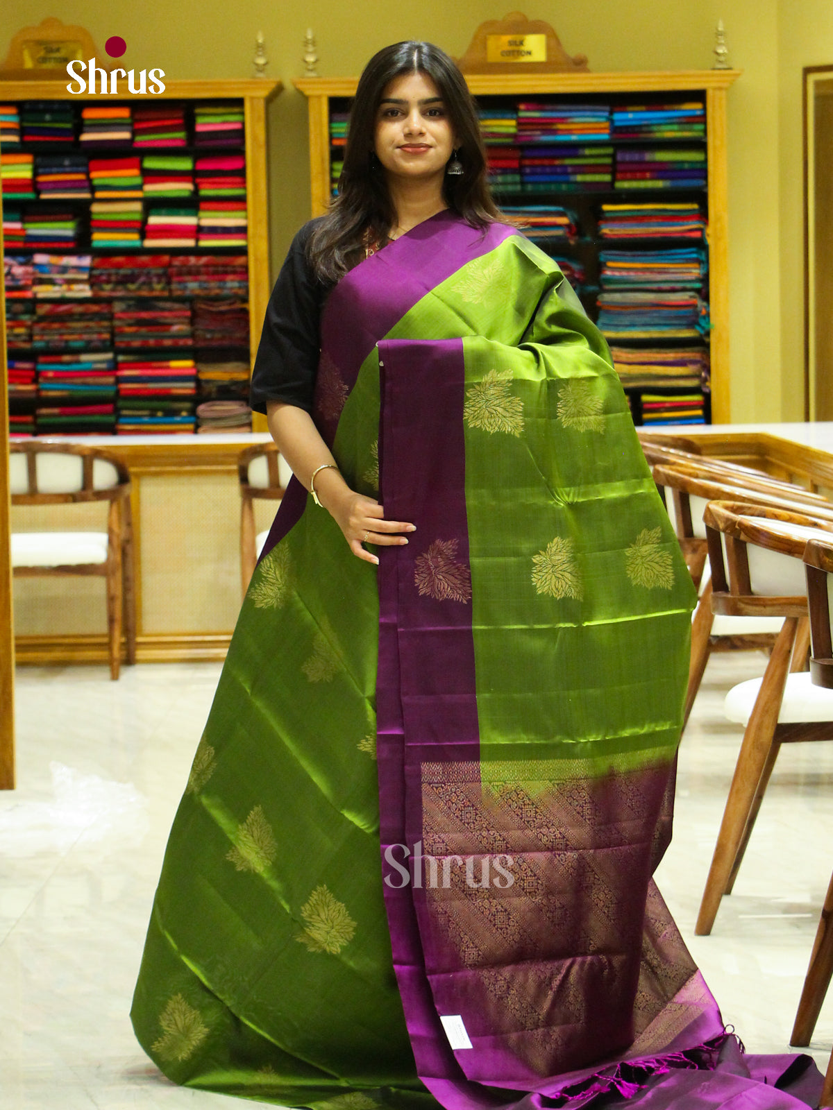Green Soft Silk Saree with Leaf Buttas | Purple Contrast Border - Shop on Shrus.com