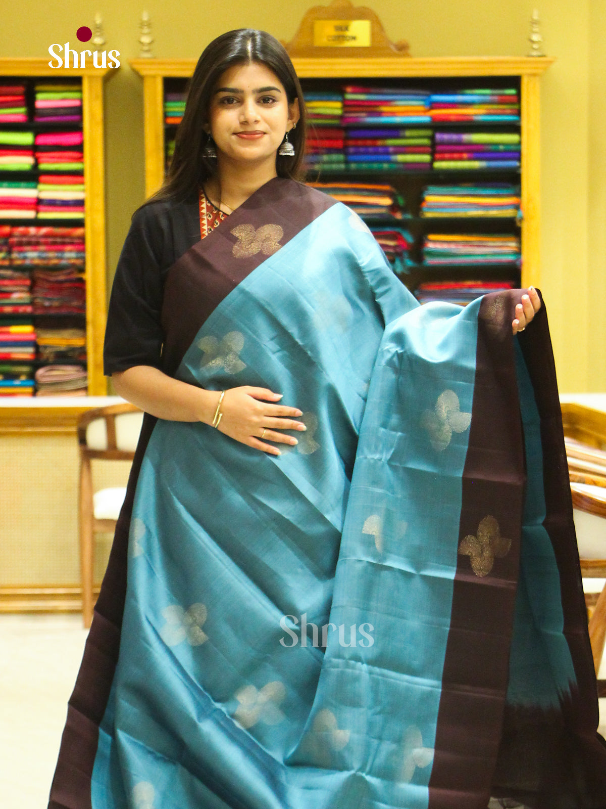 Sea Green Halfpure Soft Silk Saree with Geometric Buttas | Dark Brown Contrast Border - Shop on Shrus.com