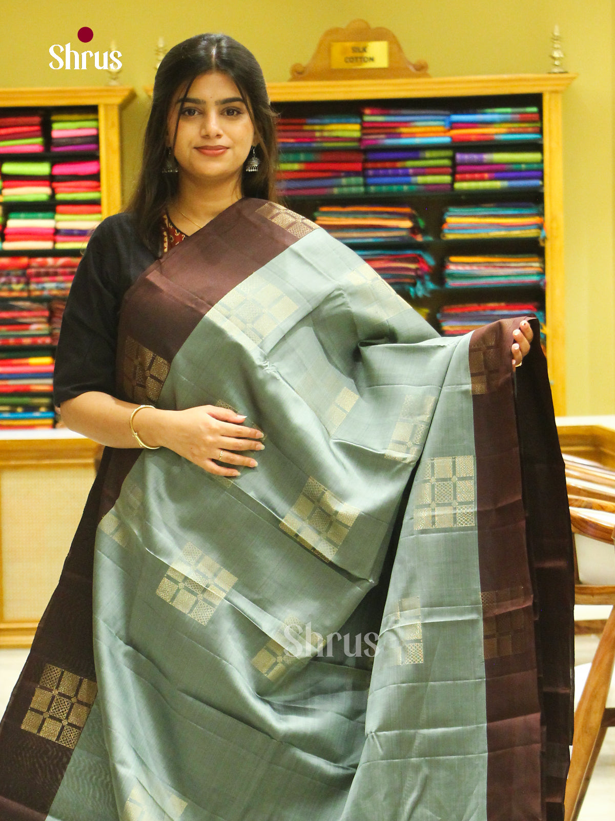 Sea Green Soft Silk Saree with Square Buttas | Maroon Contrast Border - Shop on Shrus.com