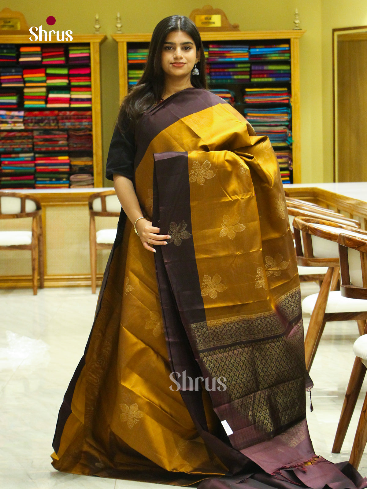 Mustard Halfpure Soft Silk Saree with Leaf Buttas | Dark Brown Contrast Border
