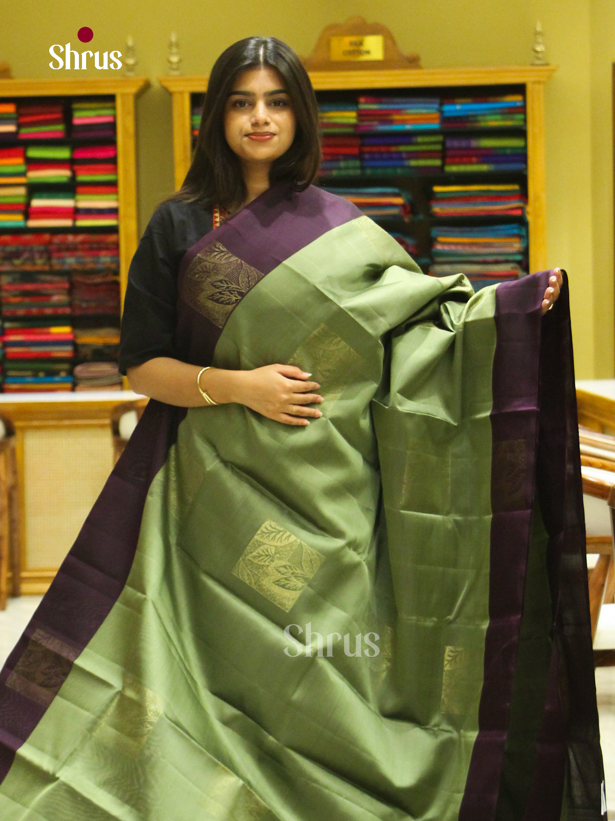 Olive Green Soft Silk Saree with Square Buttas | Wine Contrast Border - Shop on Shrus.com