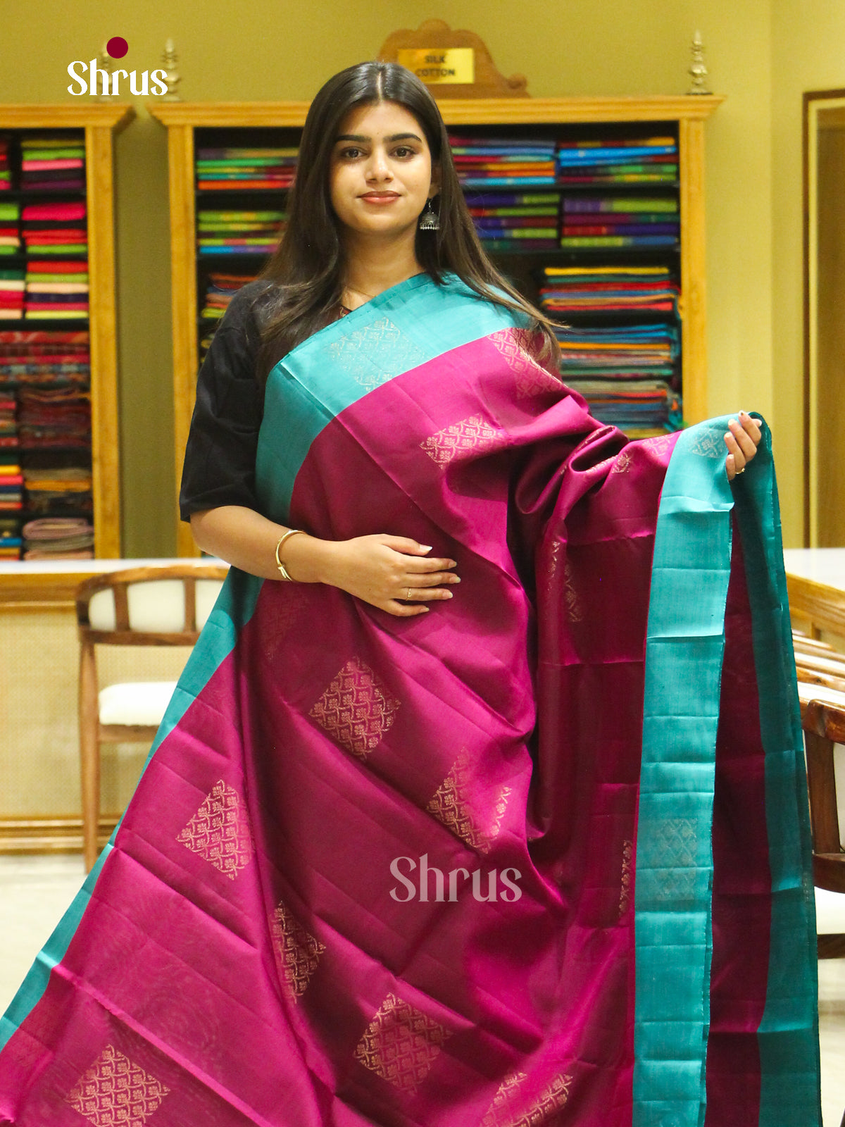 Violet Halfpure Soft Silk Saree with Square Buttas | Teal Blue Contrast Border - Shop on Shrus.com