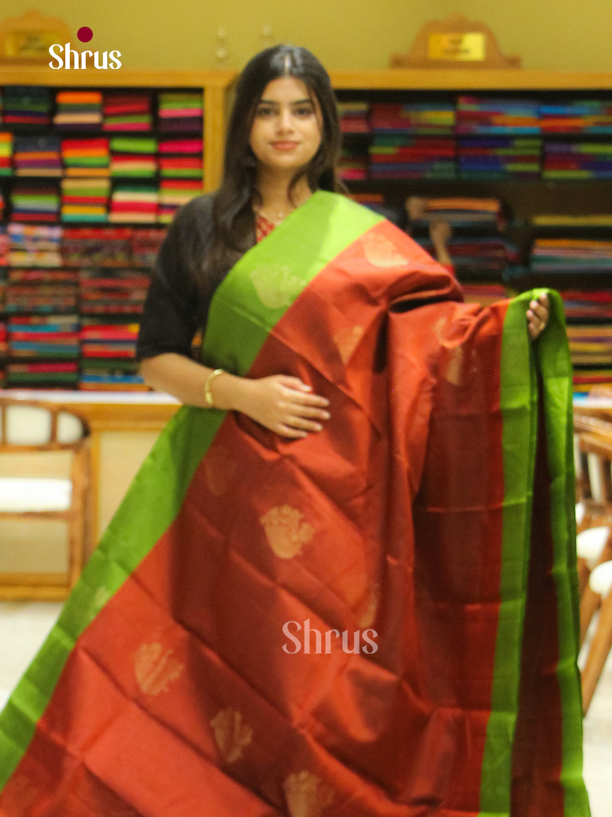Dark Brown Halfpure Soft Silk Saree with Square Buttas | Light Green Contrast Border