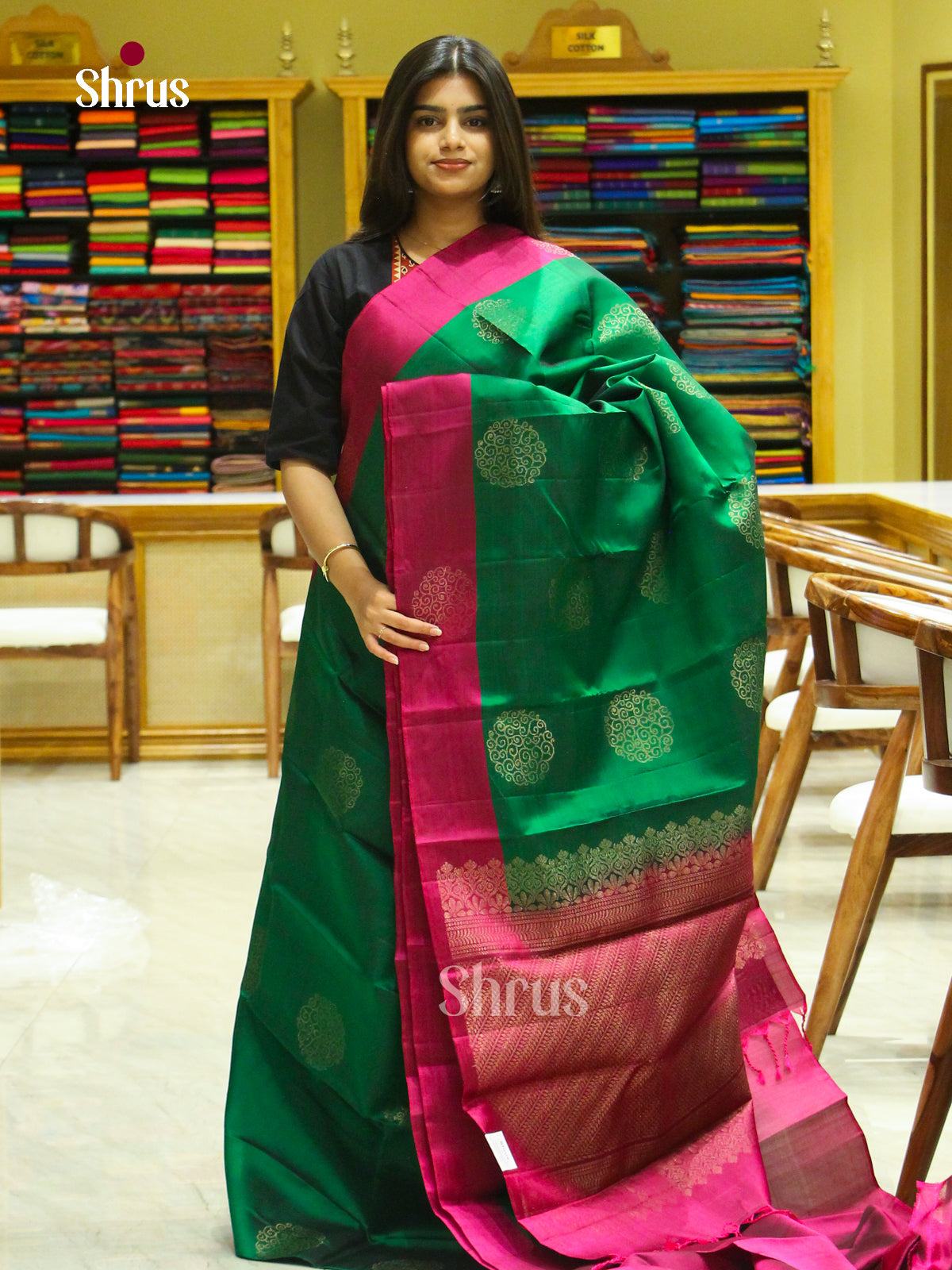 Green Halfpure Soft Silk Saree with Floral Buttas | Pink Contrast Border - Shop on Shrus.com