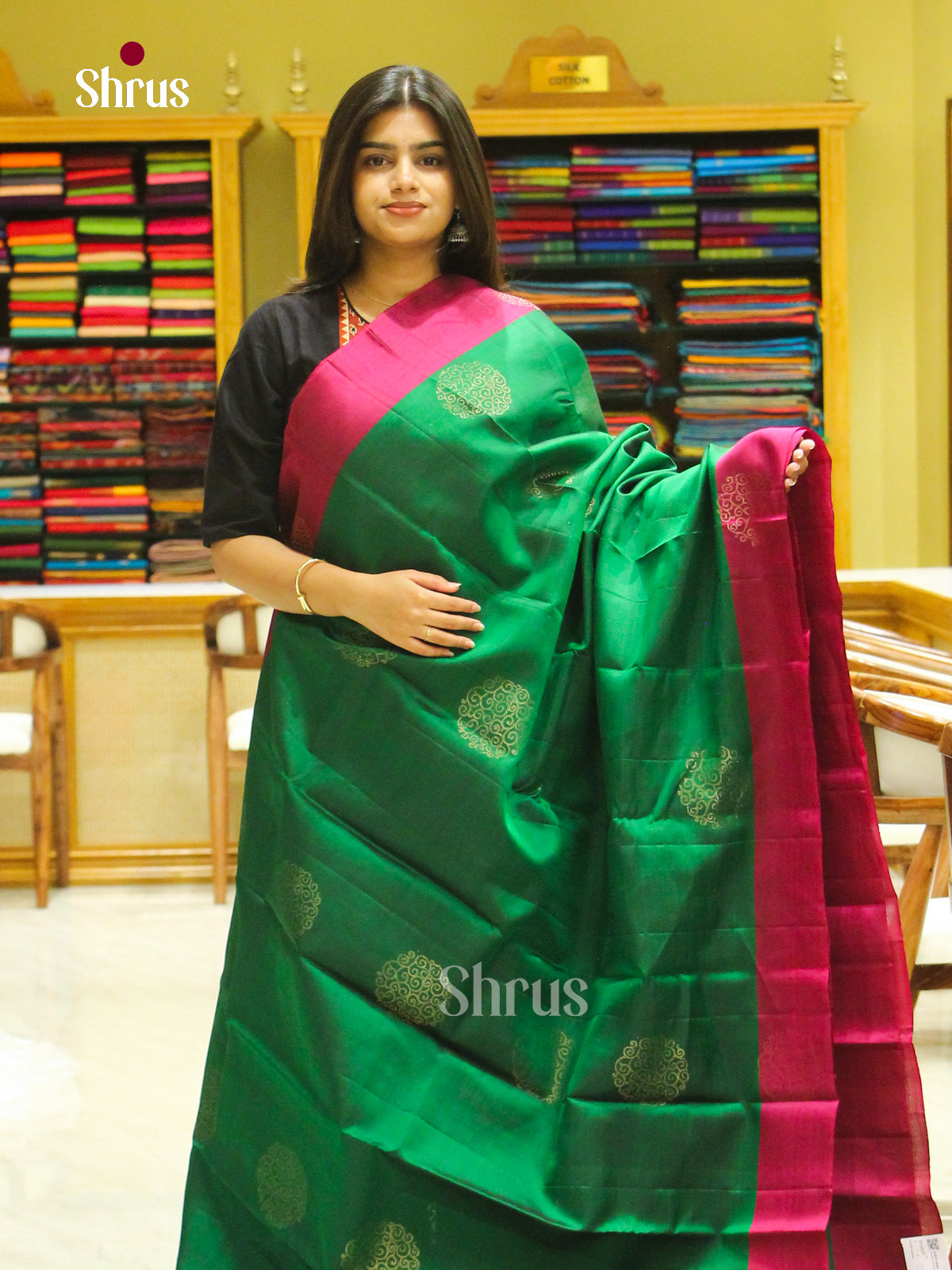 Green Halfpure Soft Silk Saree with Floral Buttas | Pink Contrast Border - Shop on Shrus.com