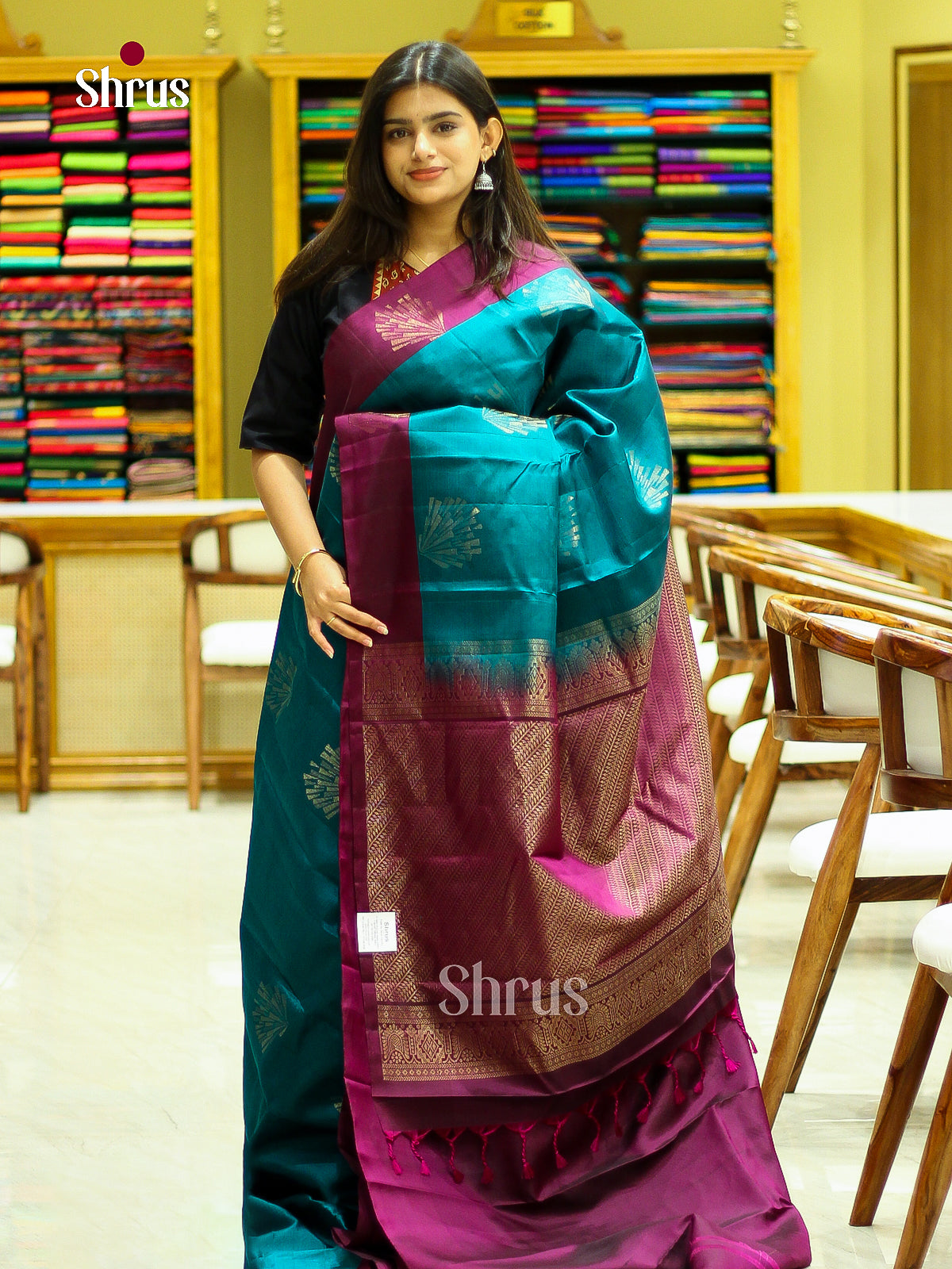Dark Green Halfpure Soft Silk Saree with Geometric Buttas | Magenta Contrast Border - Shop on Shrus.com