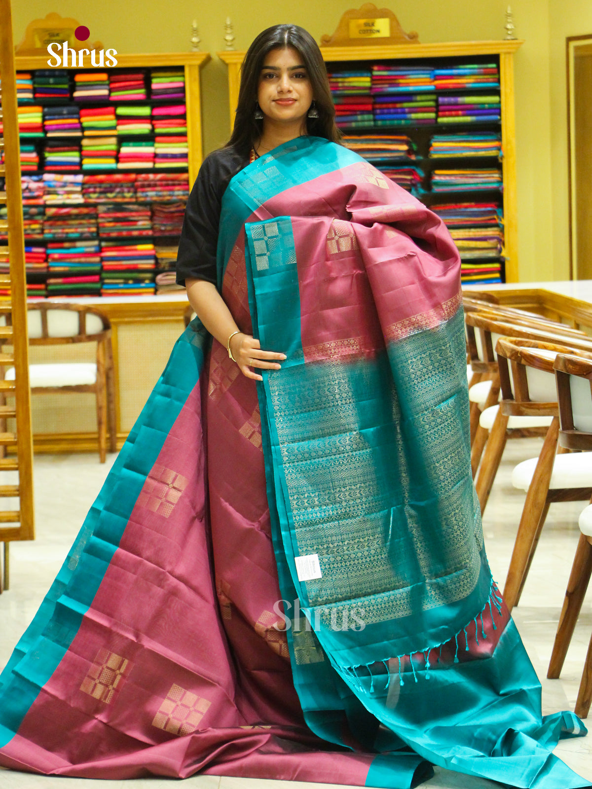 Wine Halfpure Soft Silk Saree with Square Buttas | Sea Green Contrast Border - Shop on Shrus.com