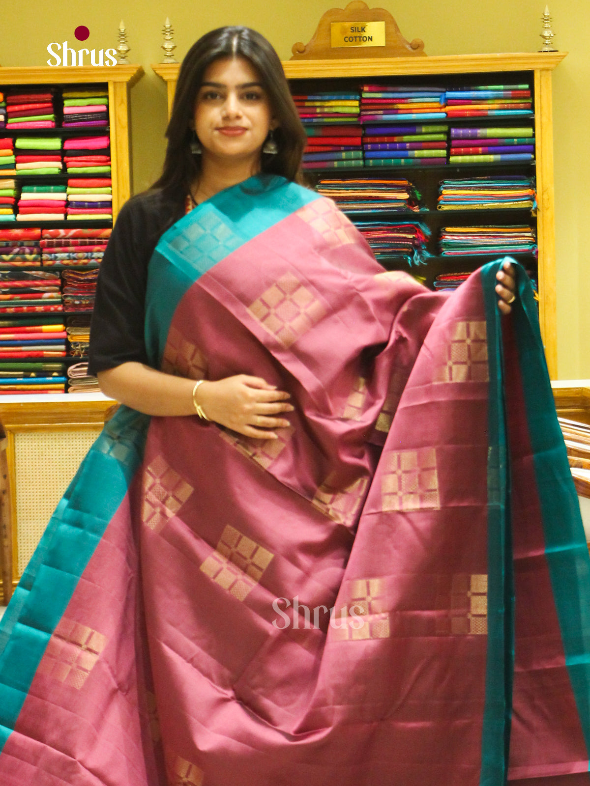 Wine Halfpure Soft Silk Saree with Square Buttas | Sea Green Contrast Border - Shop on Shrus.com