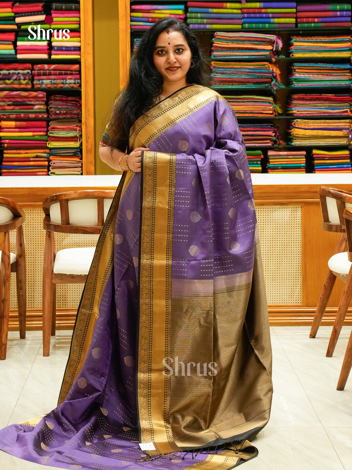 Lavender Soft Silk Saree with Thilagam Buttas | Black Contrast Border — EFS25145 - Shop on Shrus.com