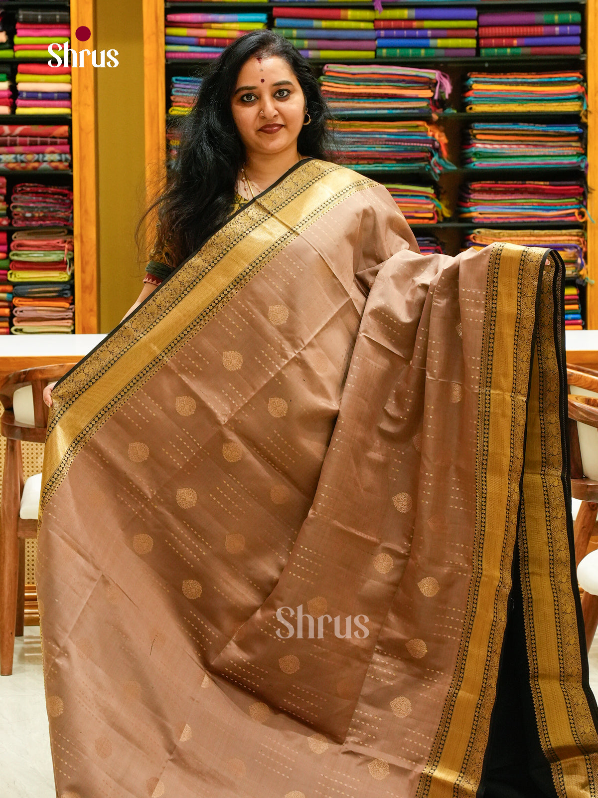 Brown Soft Silk Saree with Thilagam Buttas | Black Contrast Border - Shop on Shrus.com