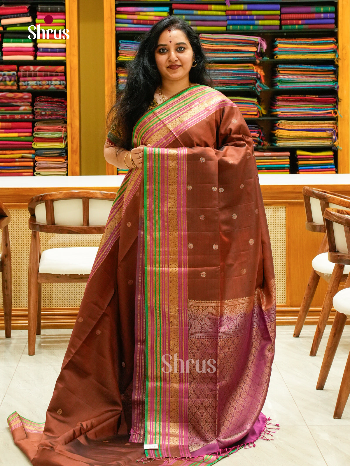 Brown Soft Silk Saree with Floral Buttas | Magenta Contrast Border - Shop on Shrus.com