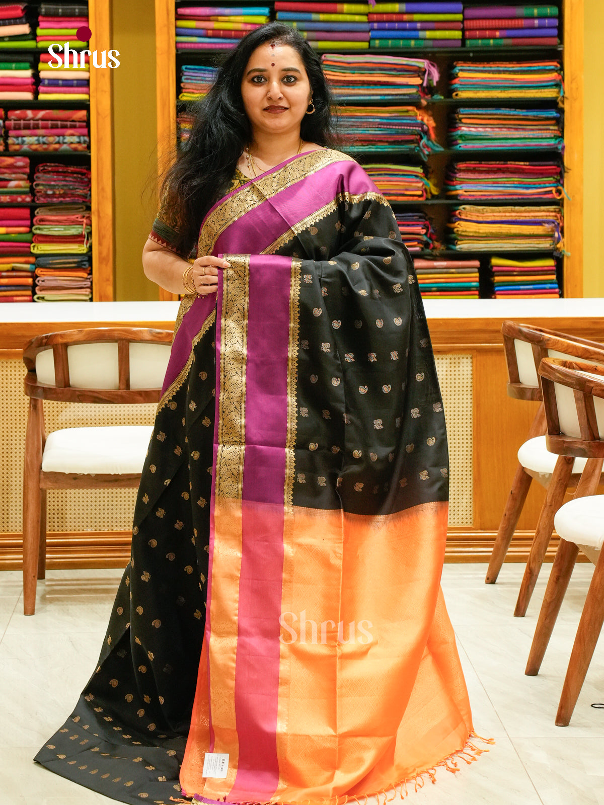 Black Soft Silk Saree with Peacock Buttas | Orange Contrast Border - Shop on Shrus.com