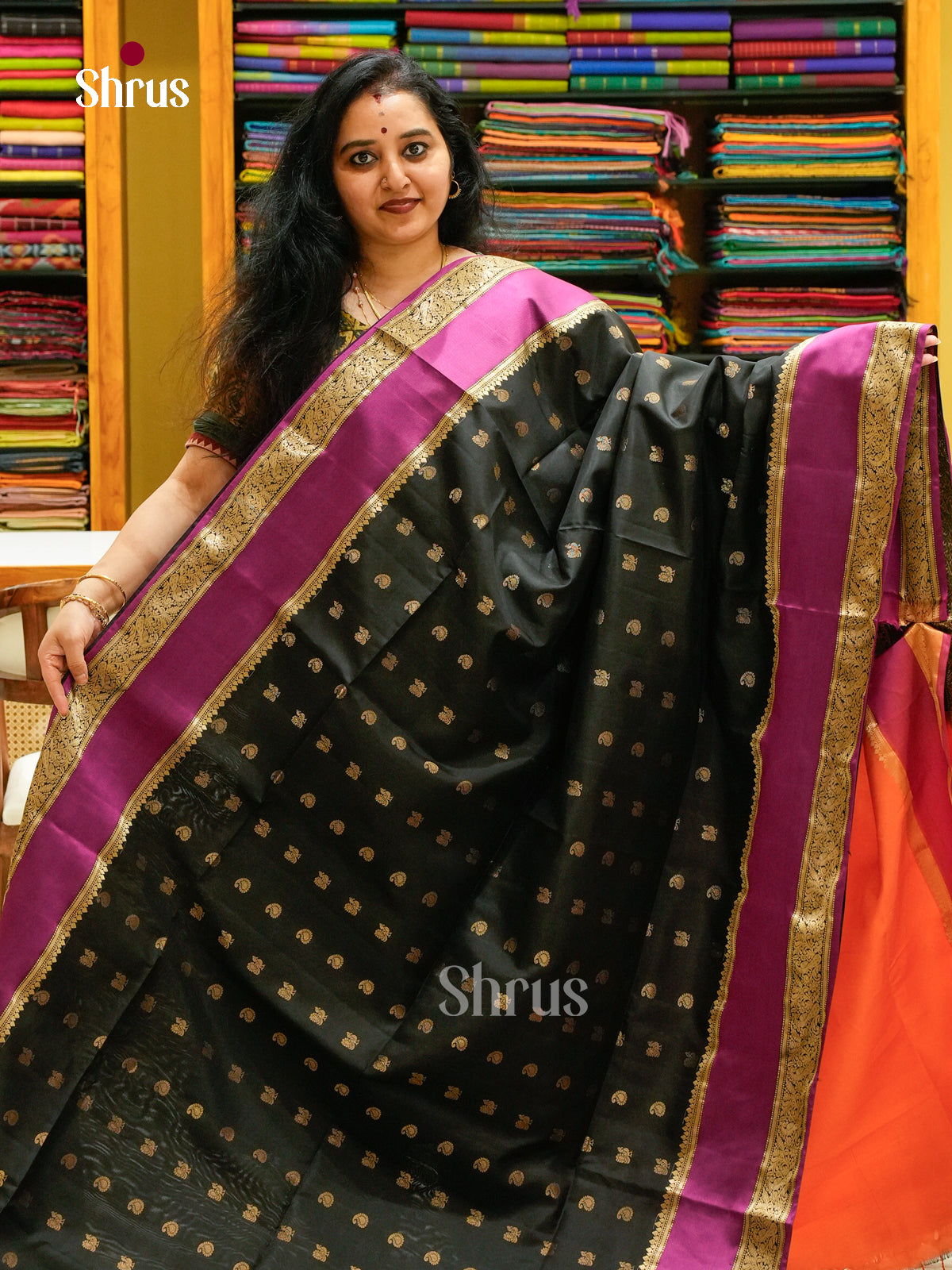 Black Soft Silk Saree with Peacock Buttas | Orange Contrast Border - Shop on Shrus.com