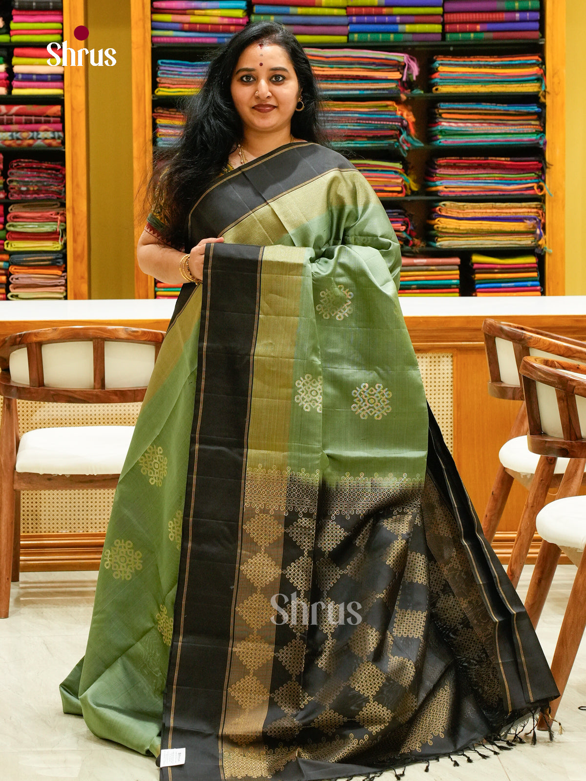 Olive Green Soft Silk Saree with Kolam | Black Contrast Border