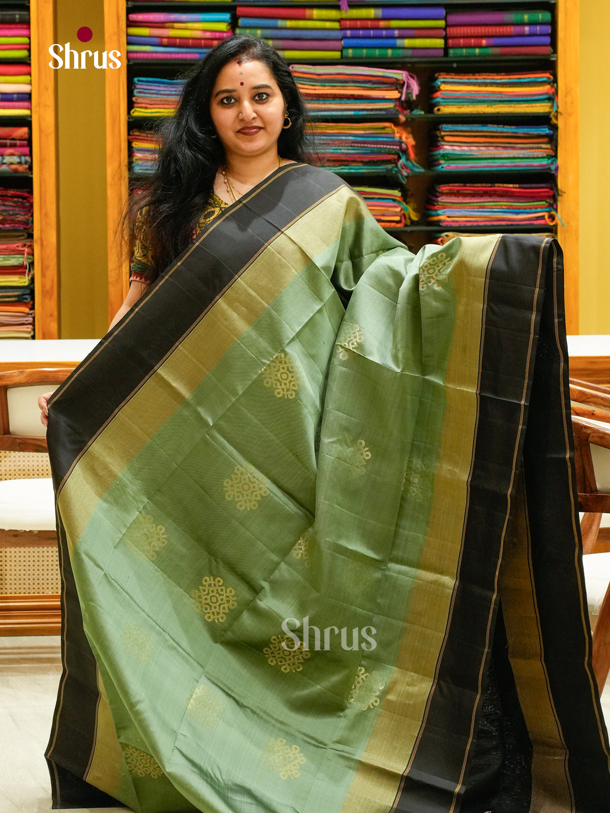 Olive Green Soft Silk Saree with Kolam | Black Contrast Border