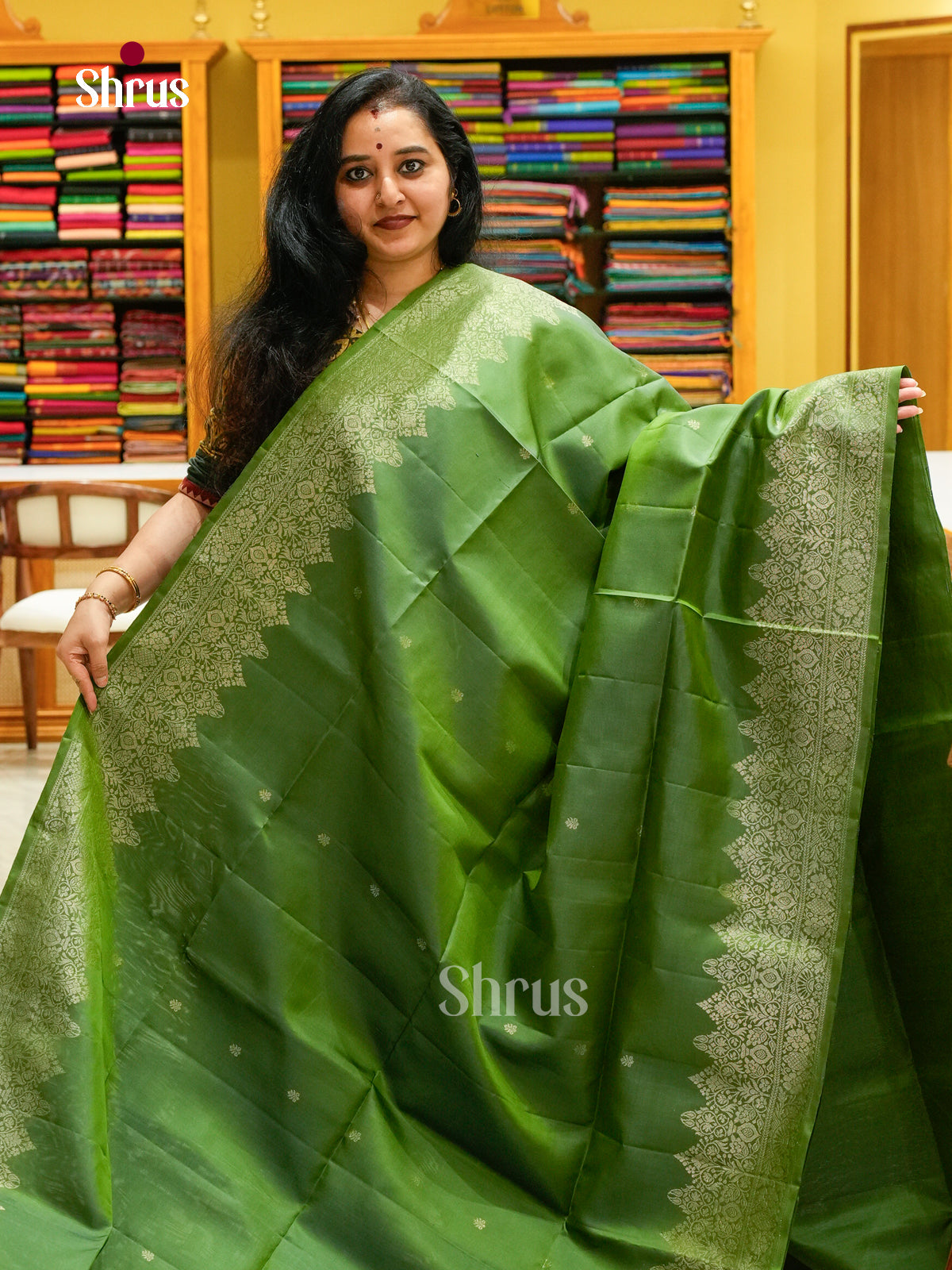Green Soft Silk Saree with Floral Buttas - Shop on Shrus.com
