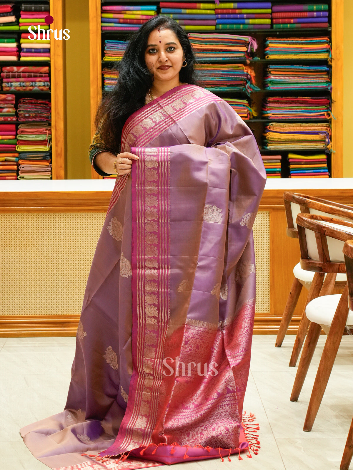 Purple Soft Silk Saree with Floral Buttas | Magenta Contrast Border