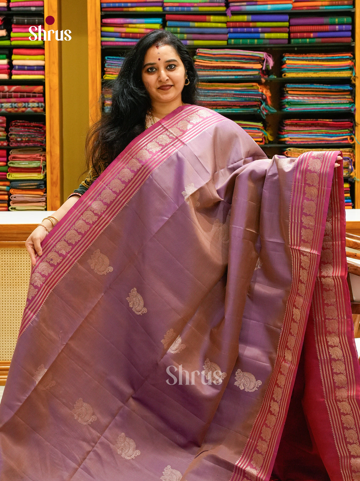 Purple Soft Silk Saree with Floral Buttas | Magenta Contrast Border