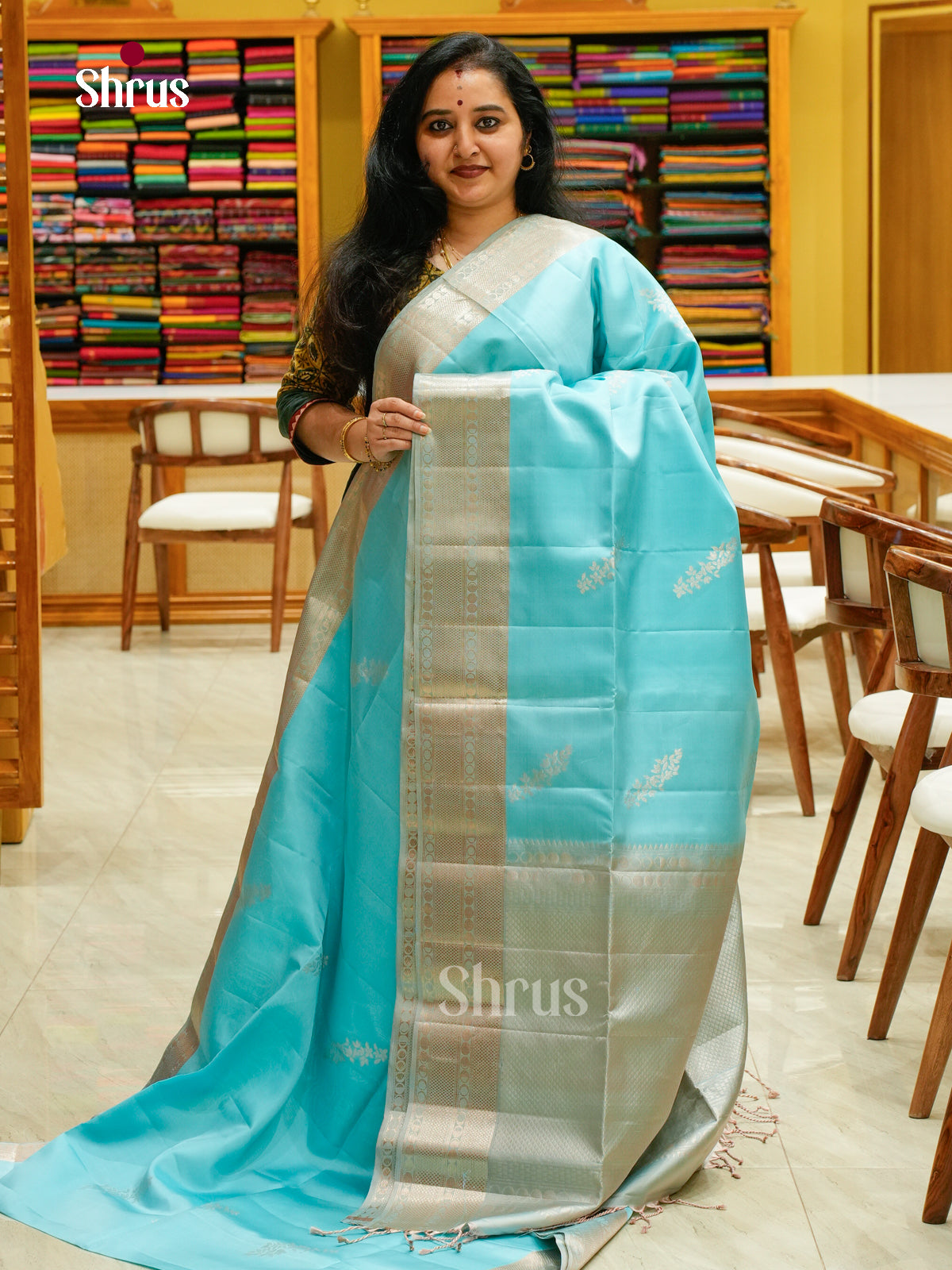 Sky Blue Soft Silk Saree with Leaf Buttas - Shop on Shrus.com
