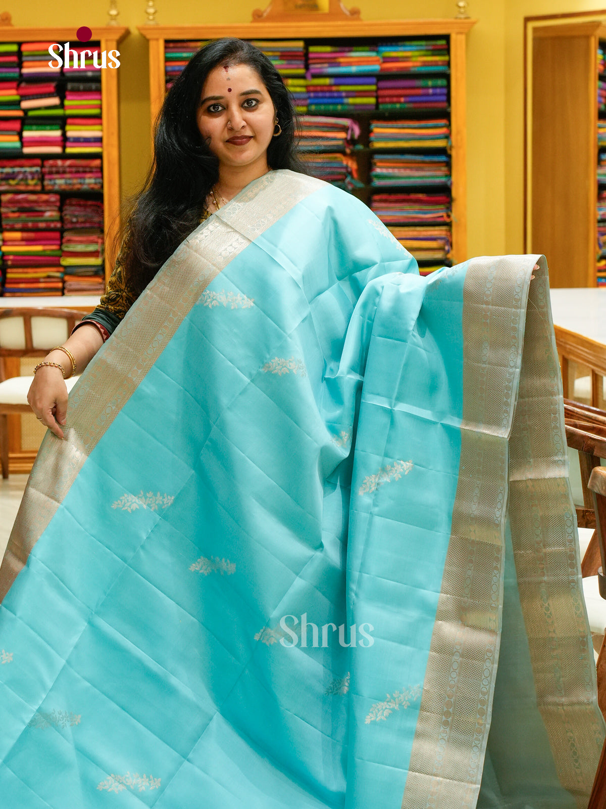 Sky Blue Soft Silk Saree with Leaf Buttas - Shop on Shrus.com