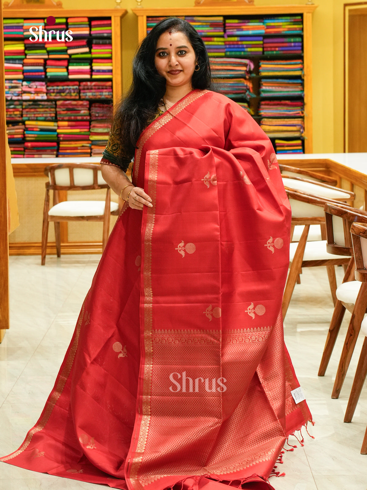 Dark Orange Soft Silk Saree with Round Zari Buttas