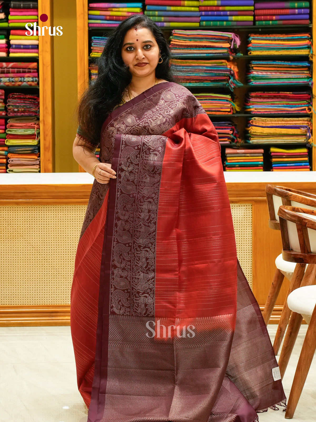 Rust Orange Soft Silk Saree with Lines | Magenta Contrast Border