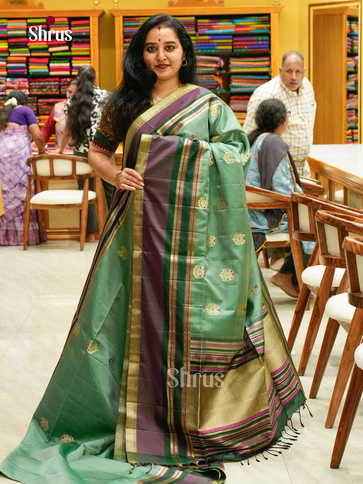 Olive Green Soft Silk Saree with Floral Buttas | Dark Green Self Border - Shop on Shrus.com