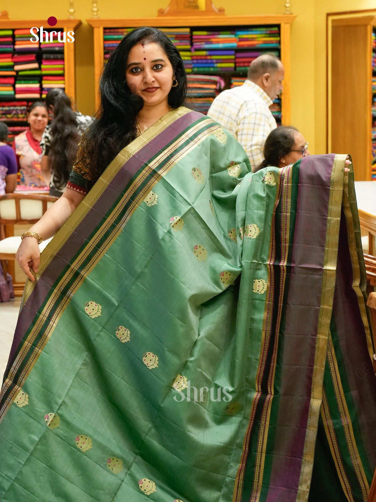 Olive Green Soft Silk Saree with Floral Buttas | Dark Green Self Border - Shop on Shrus.com
