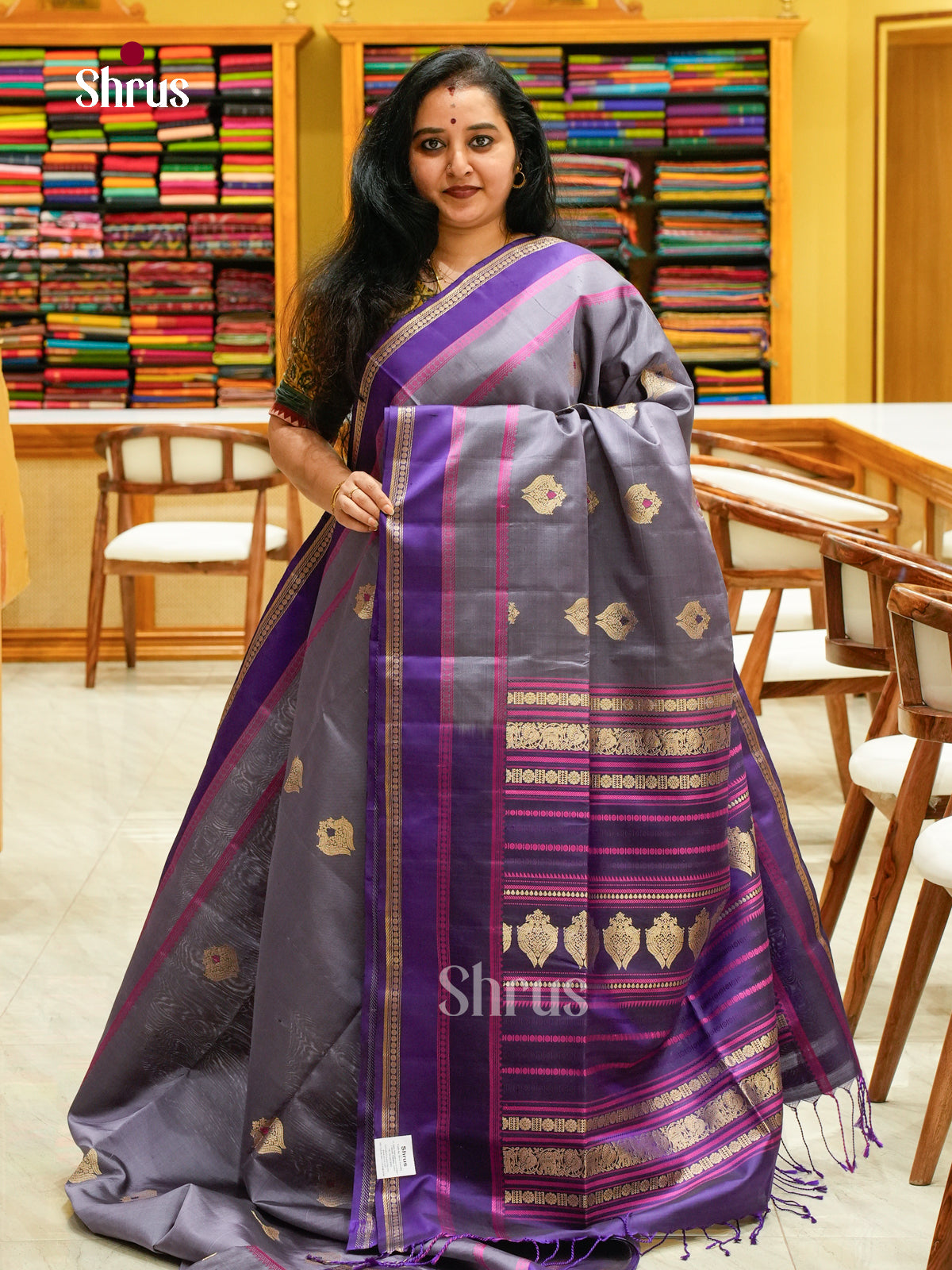 Silver Grey Soft Silk Saree with Peacock Buttas | Purple Self Border - Shop on Shrus.com
