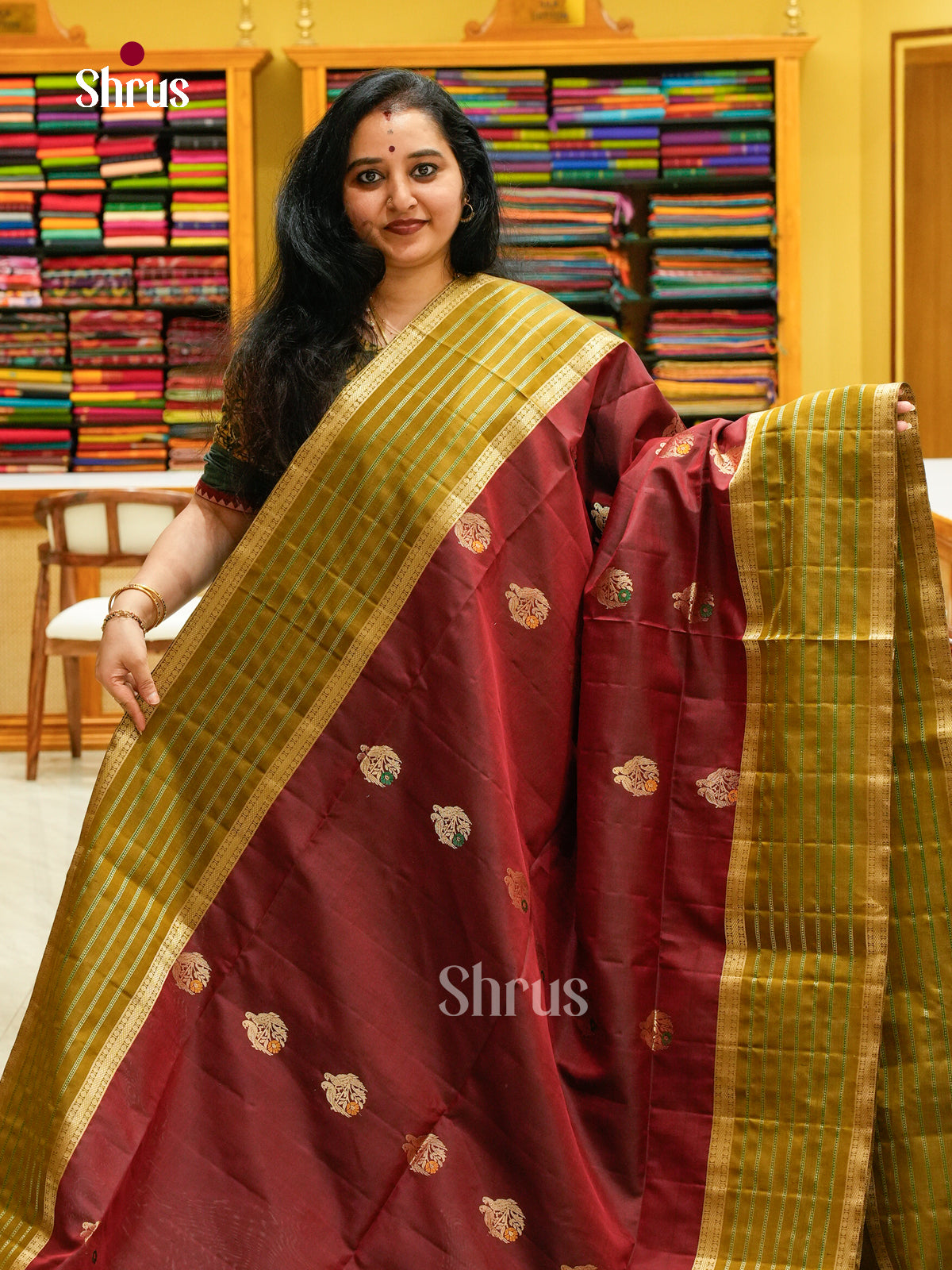 Dark Maroon Soft Silk Saree with Parrot Buttas | Olive Green Self Border