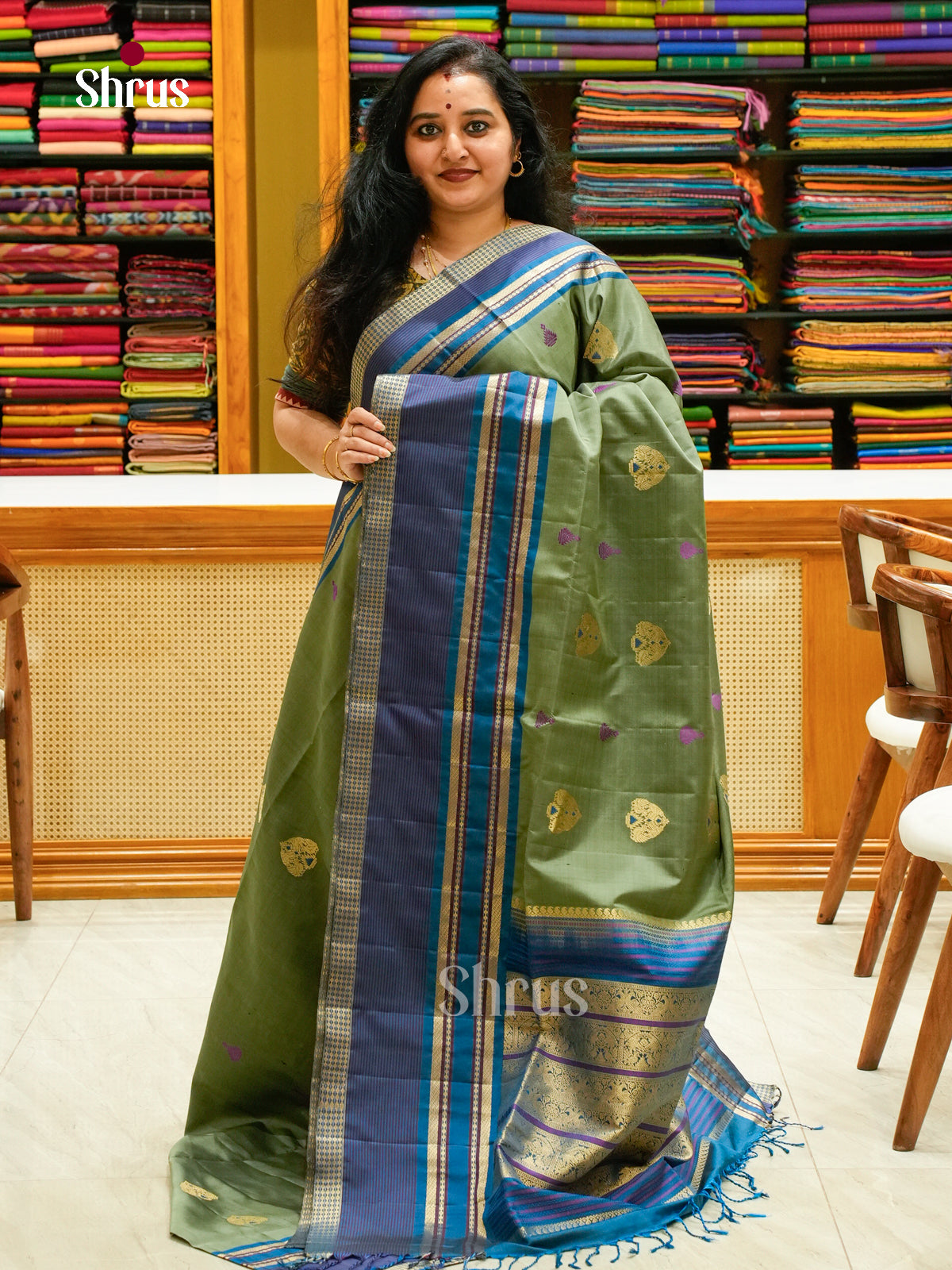 Olive Green Soft Silk Saree with Peacock Buttas - Shop on Shrus.com