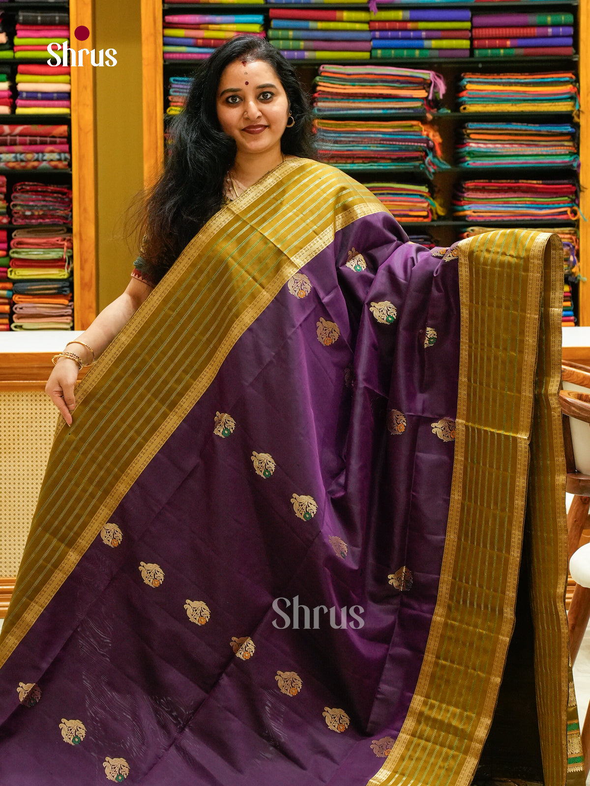 Magenta Soft Silk Saree with Parrot Buttas | Olive Green Self Border