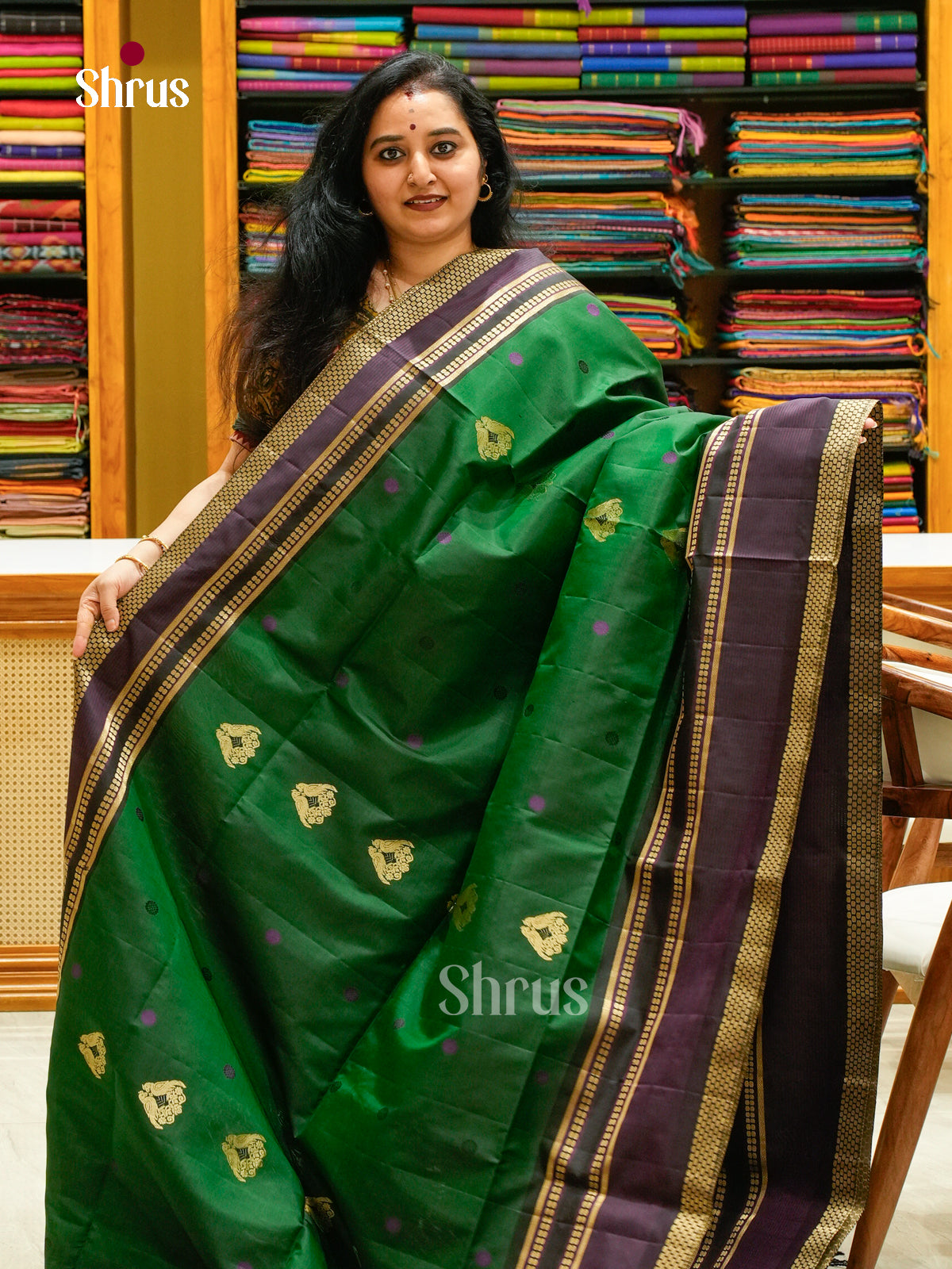 Dark Green Soft Silk Saree with Peacock Buttas | Black Self Border - Shop on Shrus.com