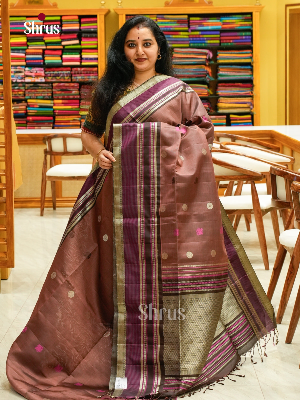 Brown Soft Silk Saree with Peacock Buttas | Magenta Self Border