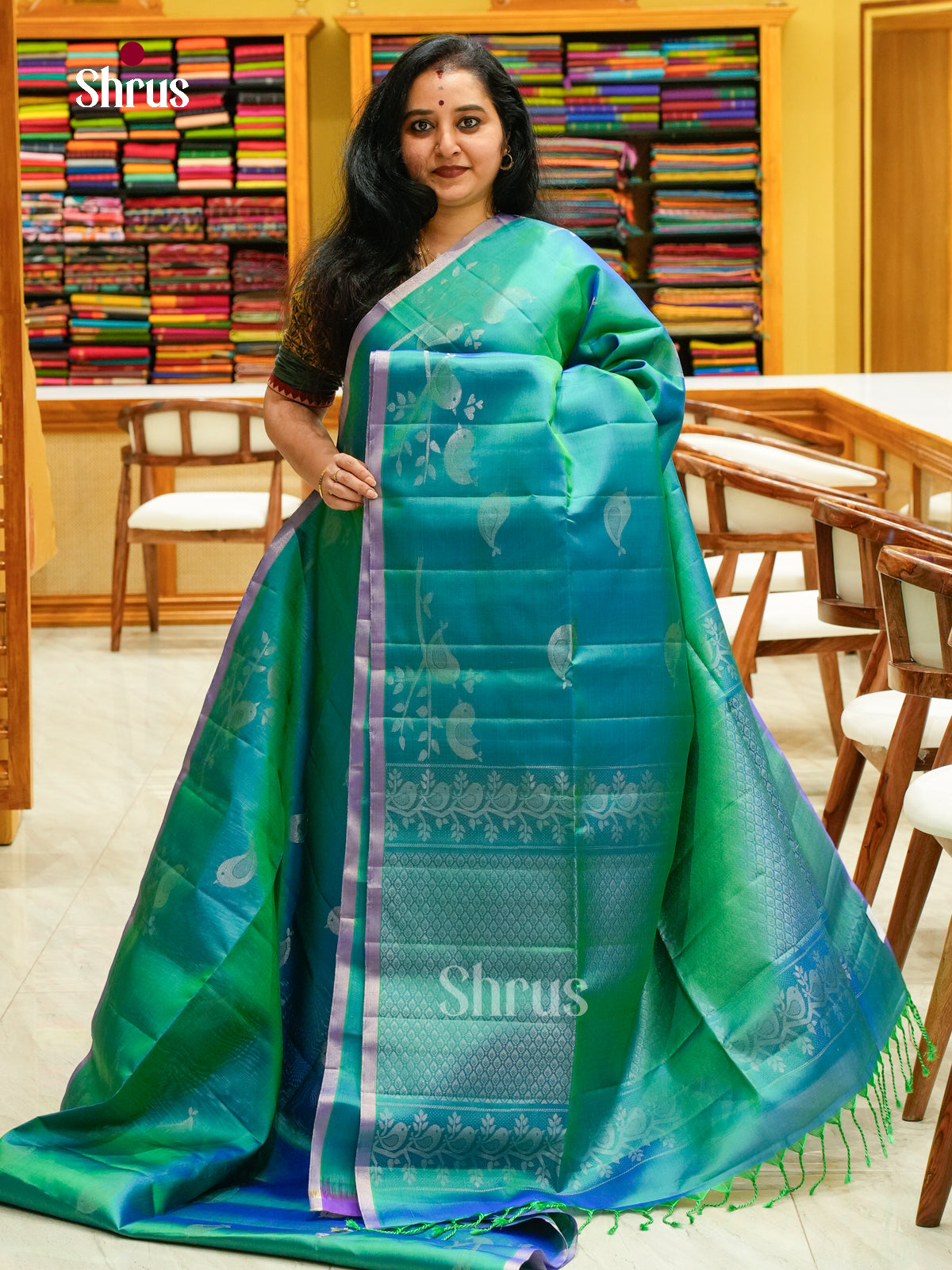 Dual Tone Peacock Green Soft Silk Saree with Brocade