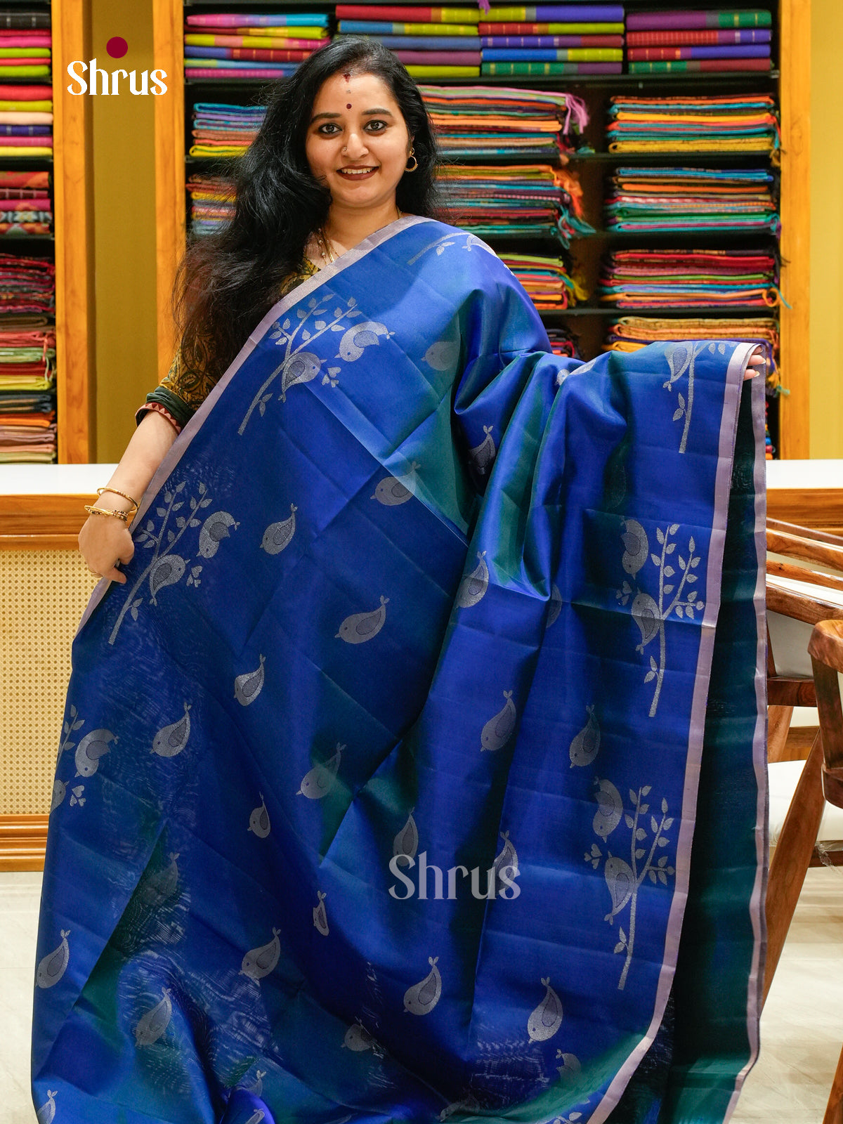 Dual Tone Peacock Blue Soft Silk Saree with Brocade - Shop on Shrus.com