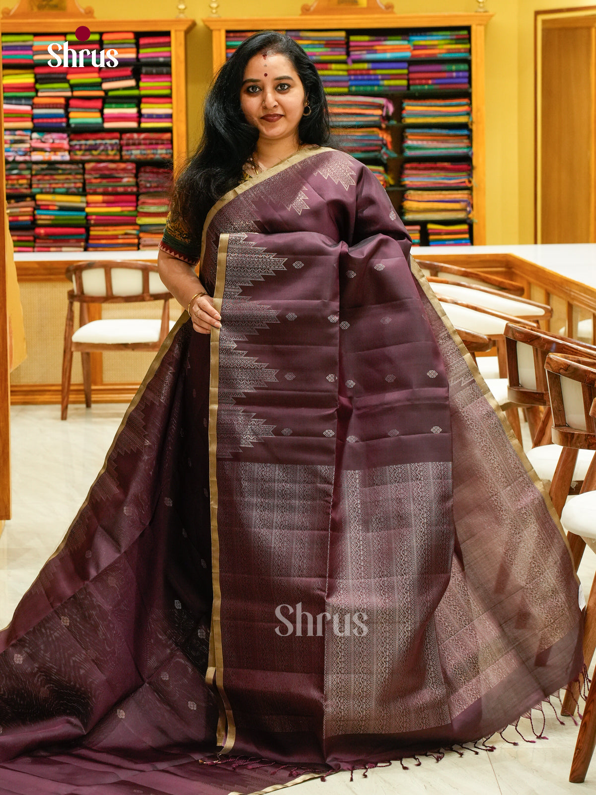 Dark Brown Soft Silk Saree with Diamond Buttas