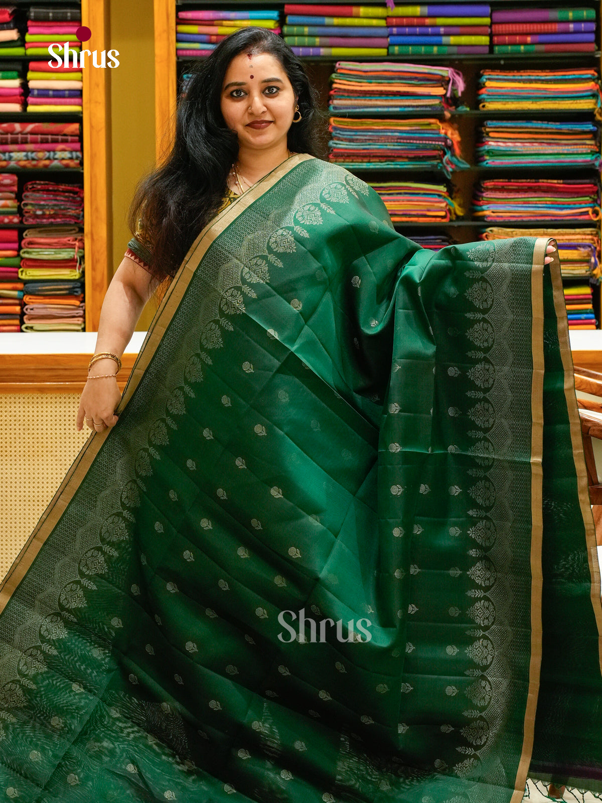 Dark Green Soft Silk Saree with Floral Buttas - Shop on Shrus.com