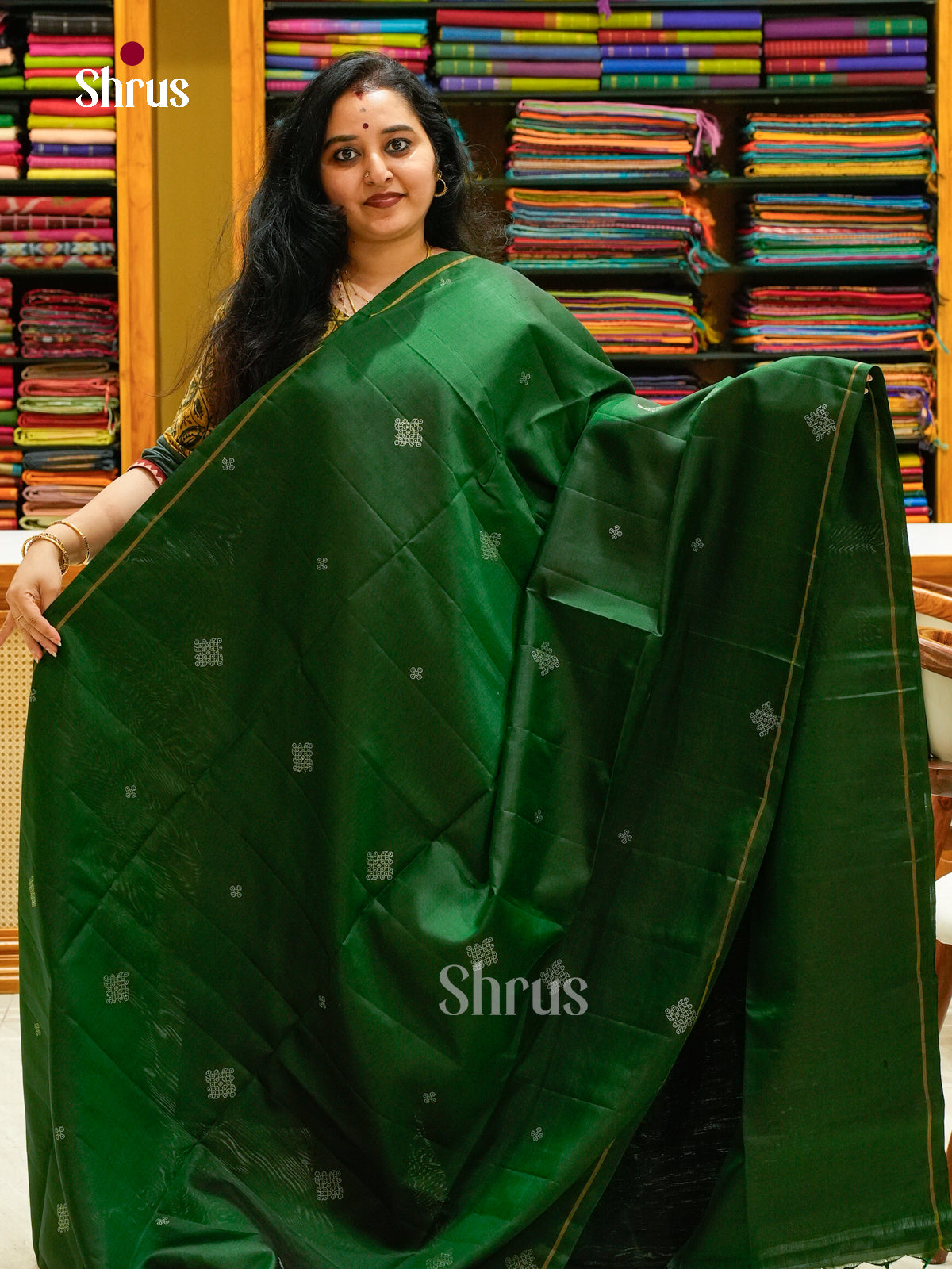 Dark Green Soft Silk Saree with Kolam — EFS27076