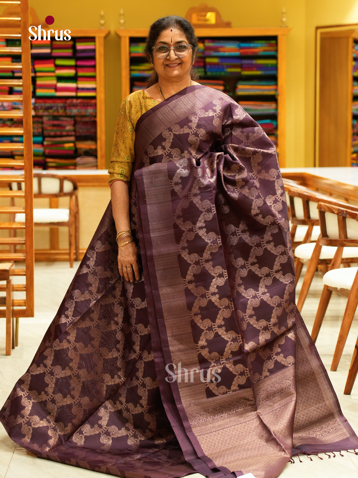 Wine Soft Silk Saree with Geometric Buttas - Shop on Shrus.com