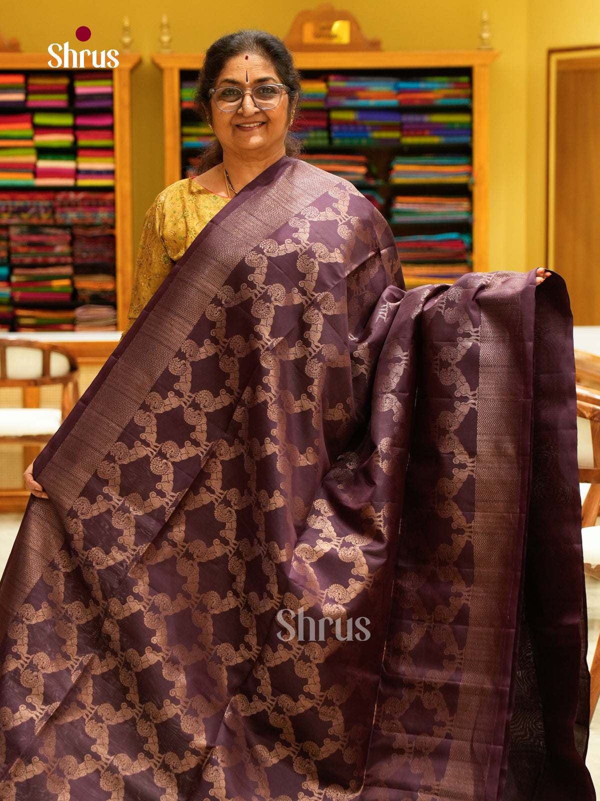 Wine Soft Silk Saree with Geometric Buttas - Shop on Shrus.com