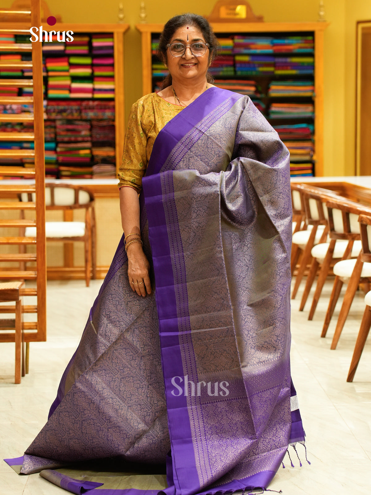 Grey Soft Silk Saree with Brocade | Violet Contrast Border