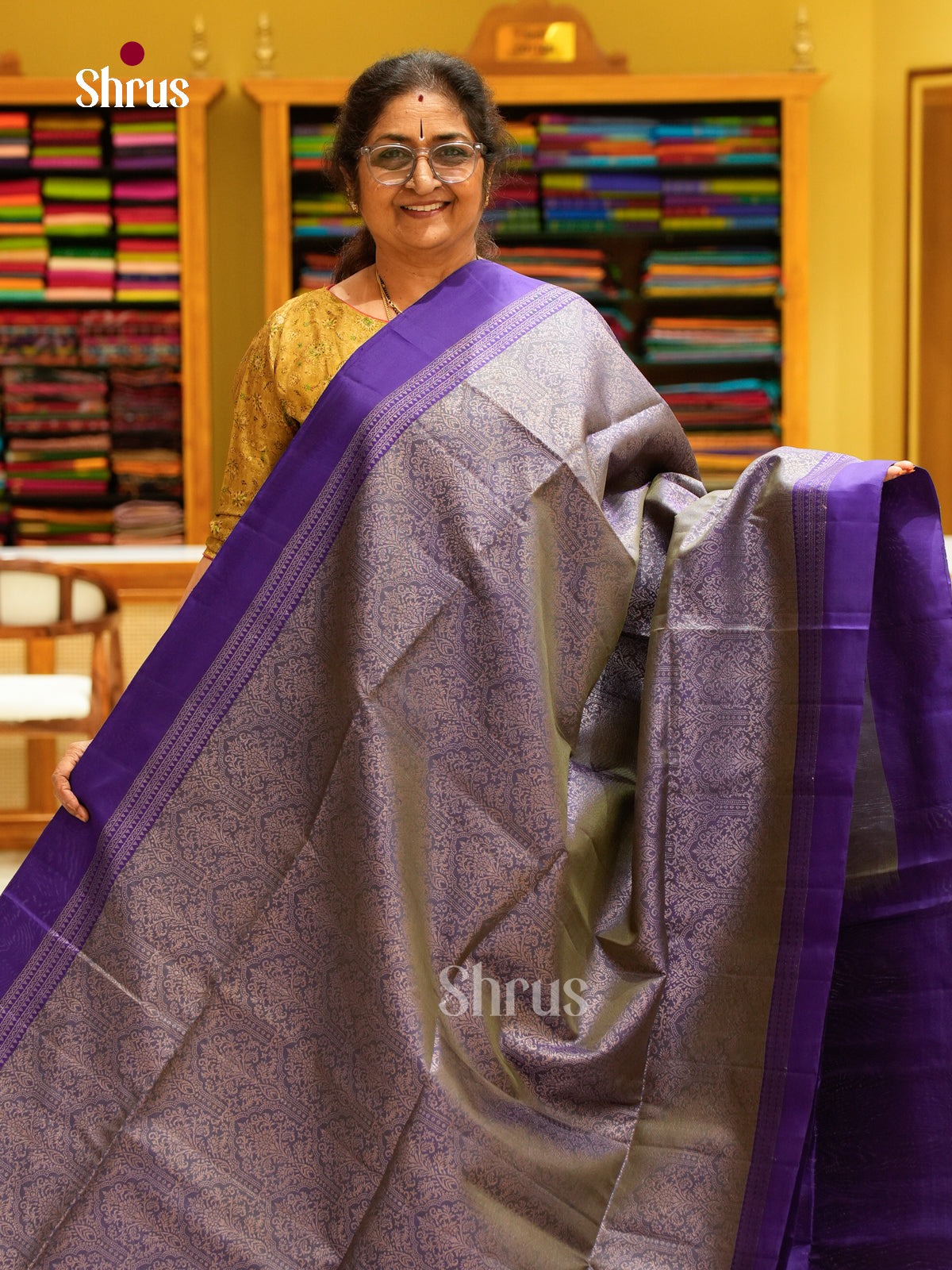 Grey Soft Silk Saree with Brocade | Violet Contrast Border