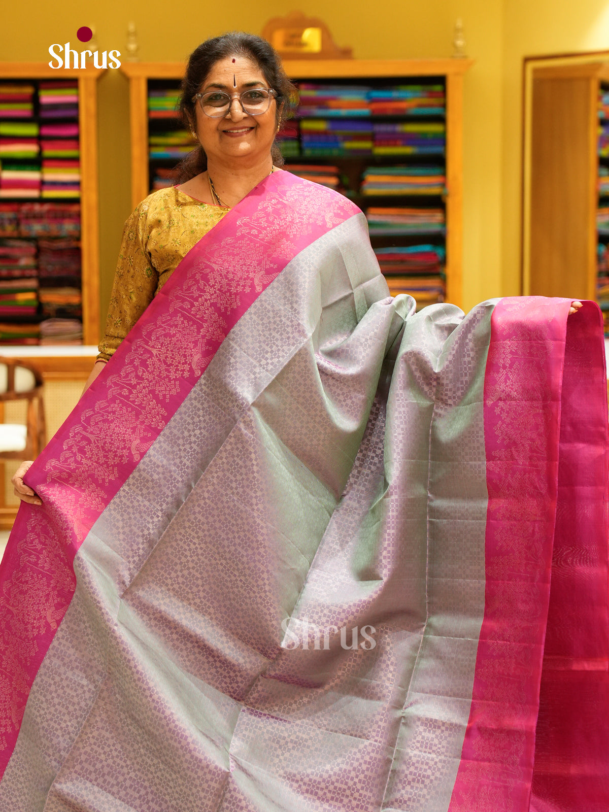 Grey Soft Silk Saree with Brocade | Pink Contrast Border — EFS27208 - Shop on Shrus.com