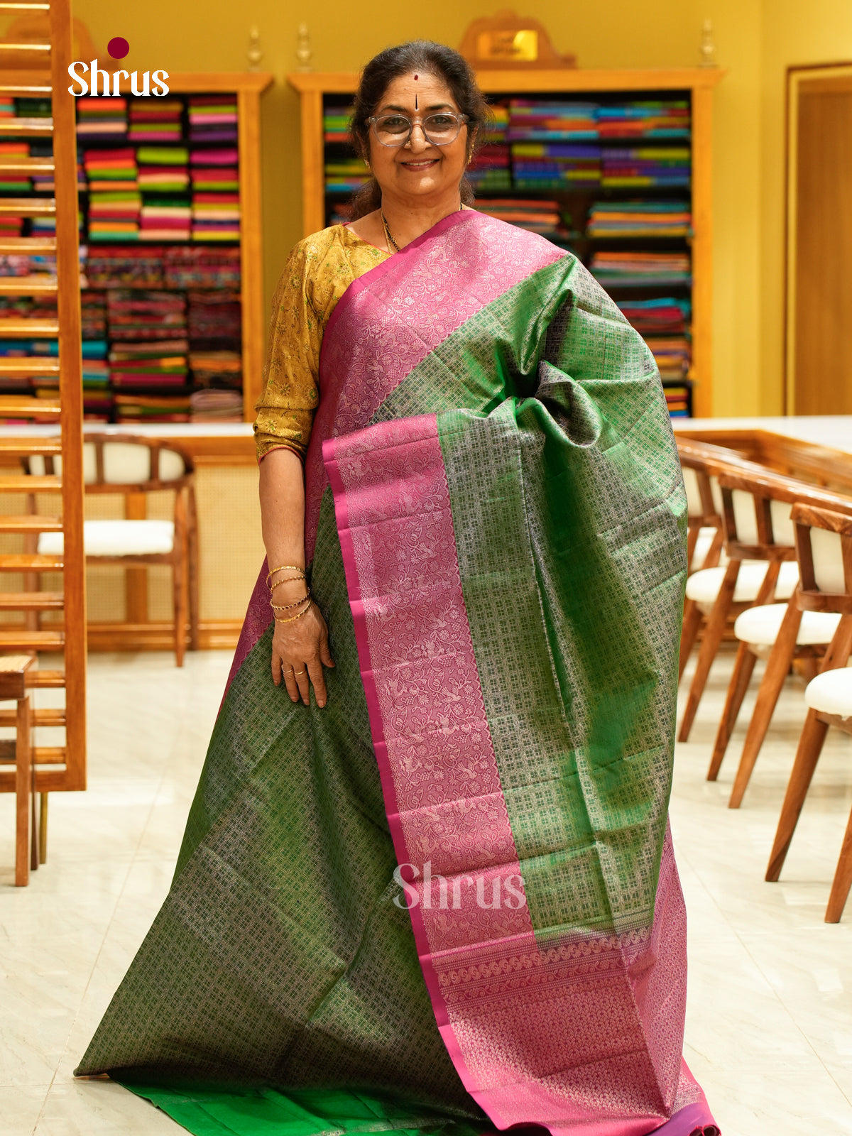 Green Soft Silk Saree with Brocade | Pink Contrast Border - Shop on Shrus.com