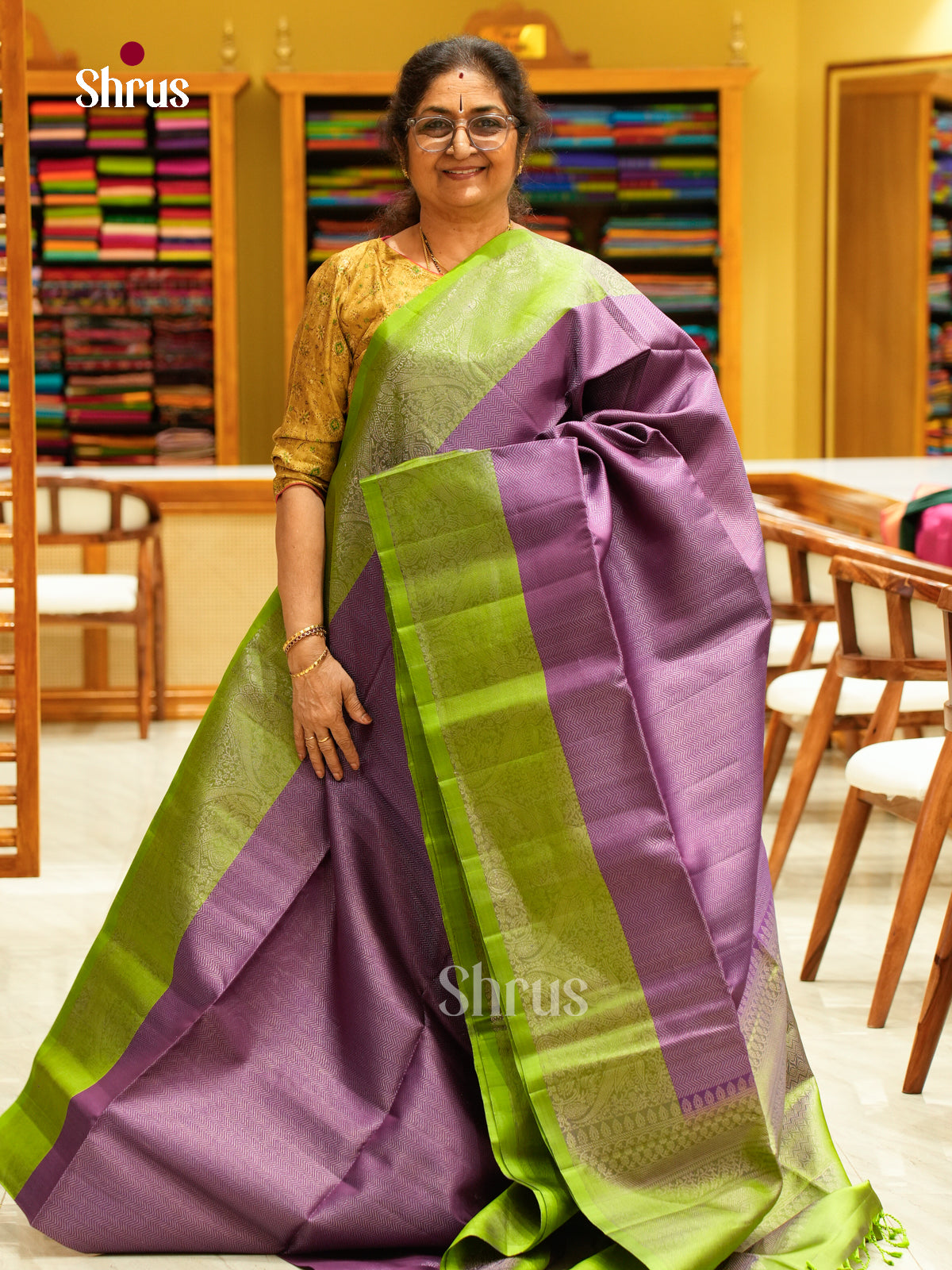 Violet Soft Silk Saree with Stripes and Zigzag Buttas | Green Contrast Border