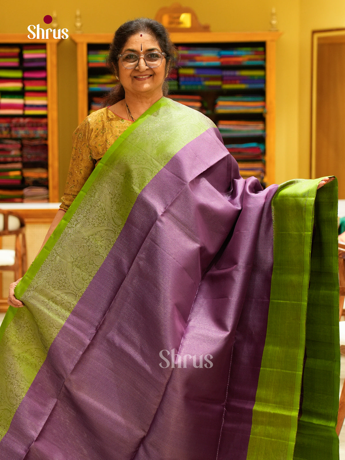 Violet Soft Silk Saree with Stripes and Zigzag Buttas | Green Contrast Border