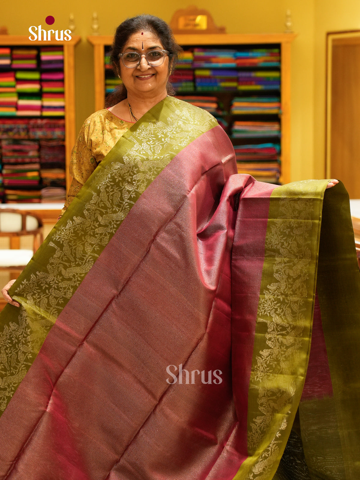 Rani Pink Soft Silk Saree with Stripes and Zigzag Buttas | Green Contrast Border - Shop on Shrus.com