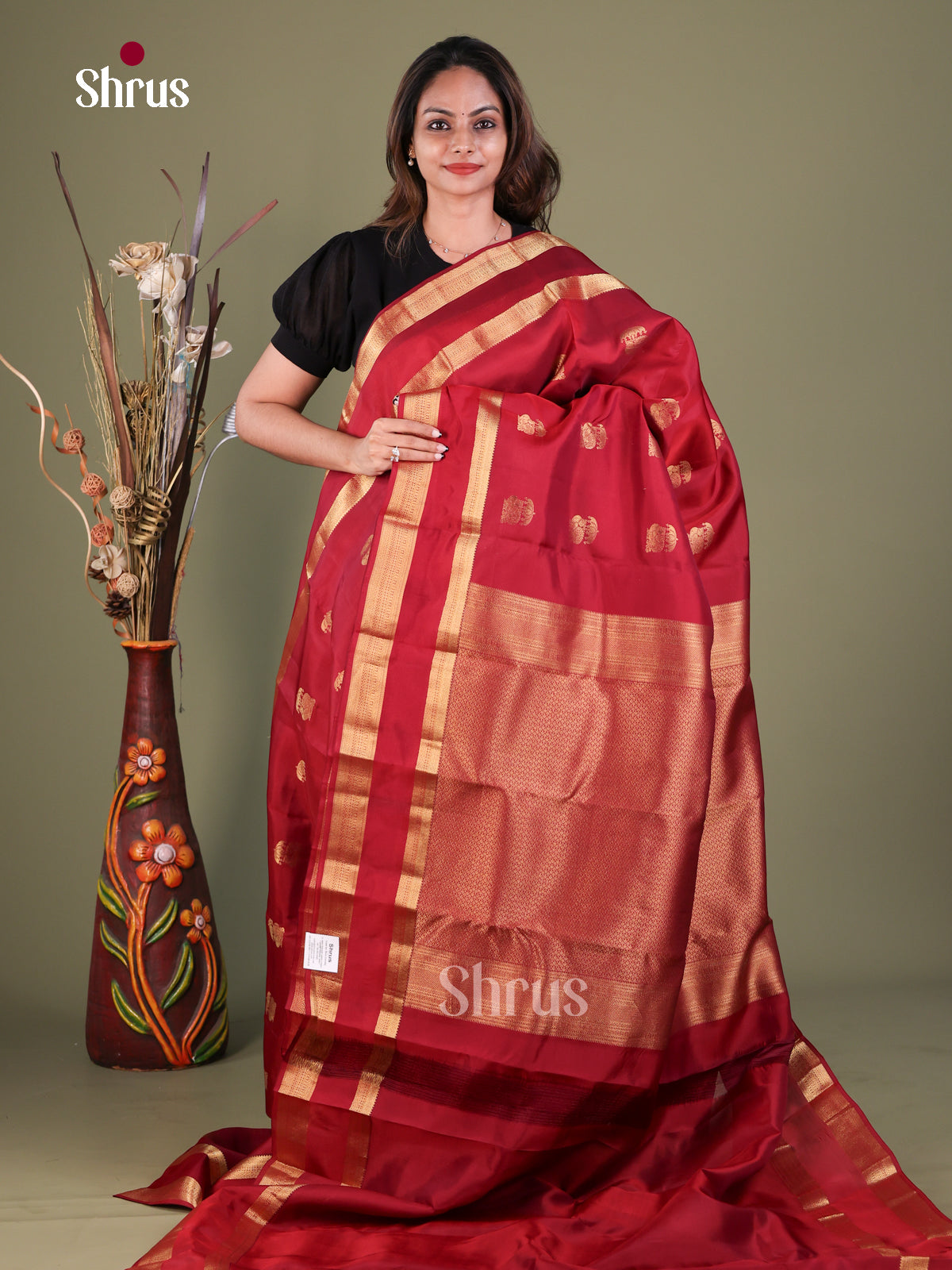 Maroon Kanchipuram Silk Saree with Floral Buttas — EFS27258 - Shop on Shrus.com